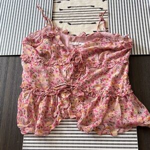Lush Floral Ruffle Cami Babydoll Top in ditsy pink Size Large NWOT